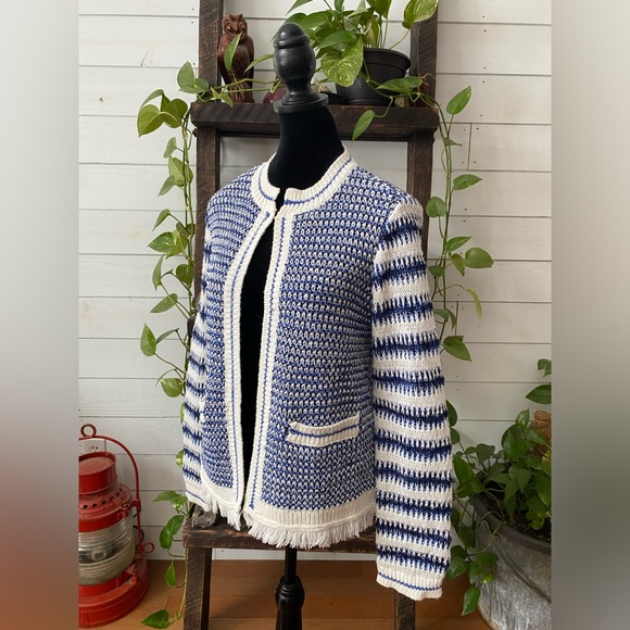 Talbots: Blue and White Mix Textured Jacket Sweater with Fringe Trim - Picture 14 of 17